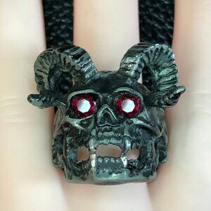 Skull Biker Ring Devil Horned Demon Red CZ Eyes Sz 10.25 Mens Unisex OOAK